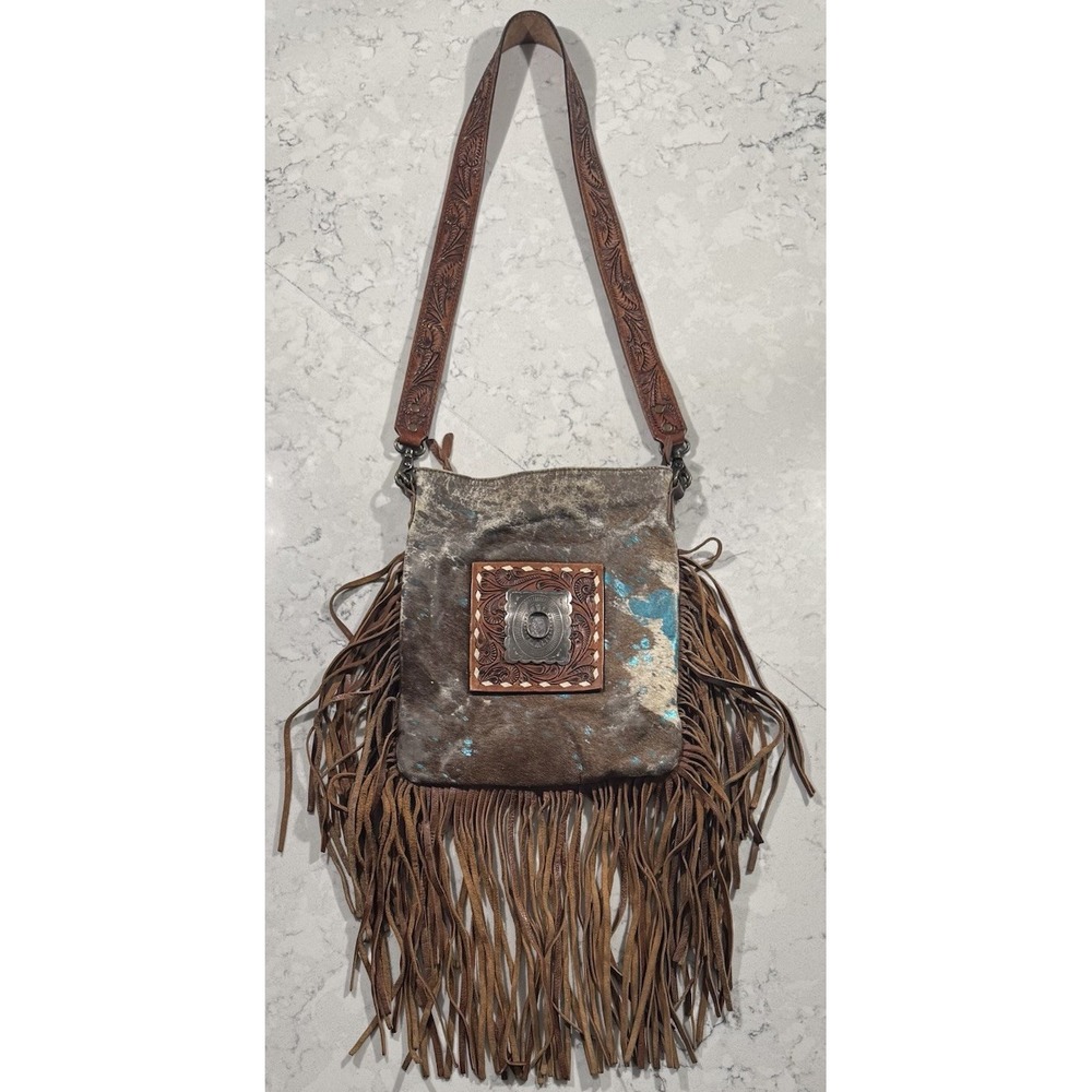 American Darling Cowhide Leather Fringe Crossbody Bag Western Turquoise Purse